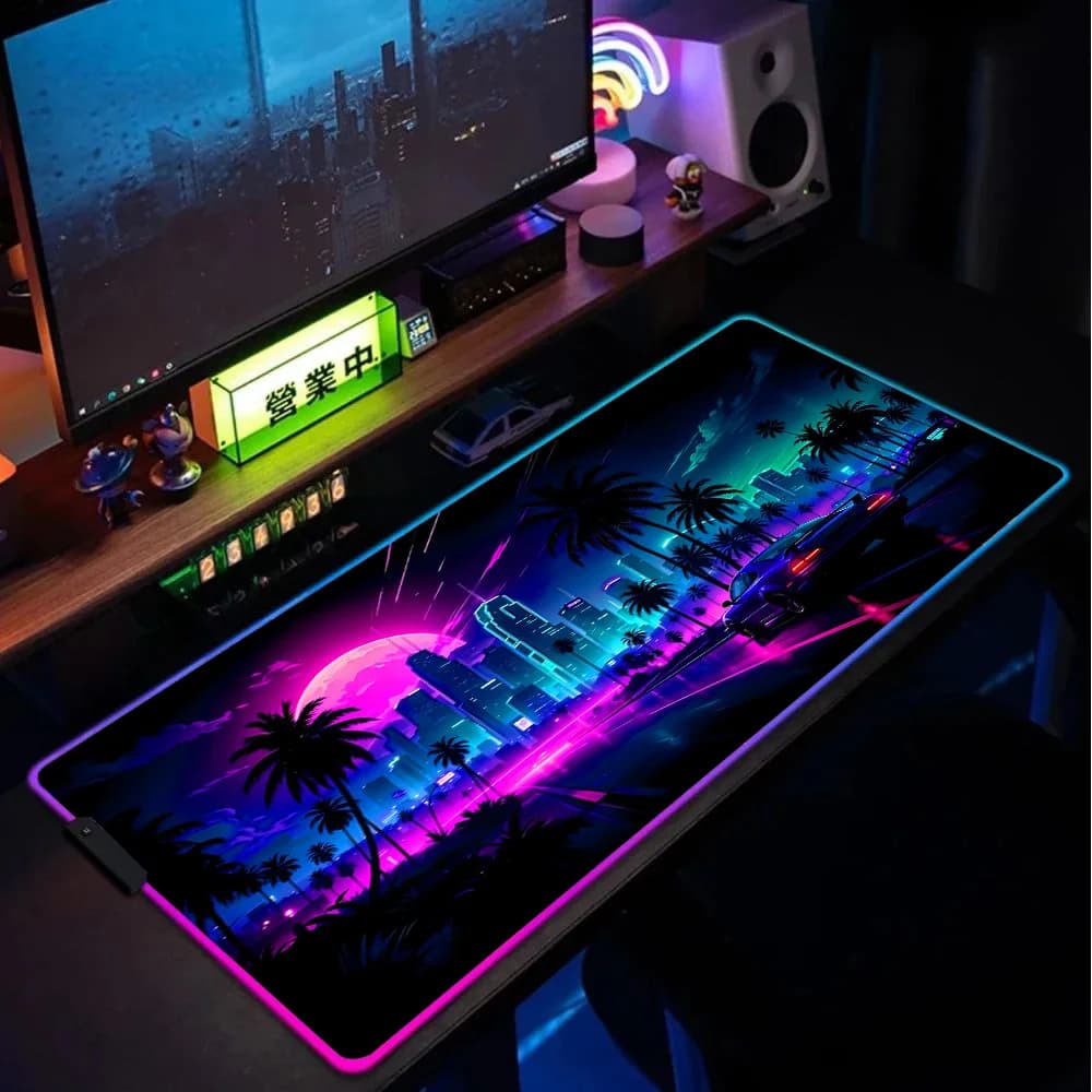 Tappetino da Scrivania Grande Retrowave, Pad Esteso per PC Gamer, Grande Mousepad per Decorazione Stanza Gaming, Deskmat 90x40 con Retroilluminazione LED