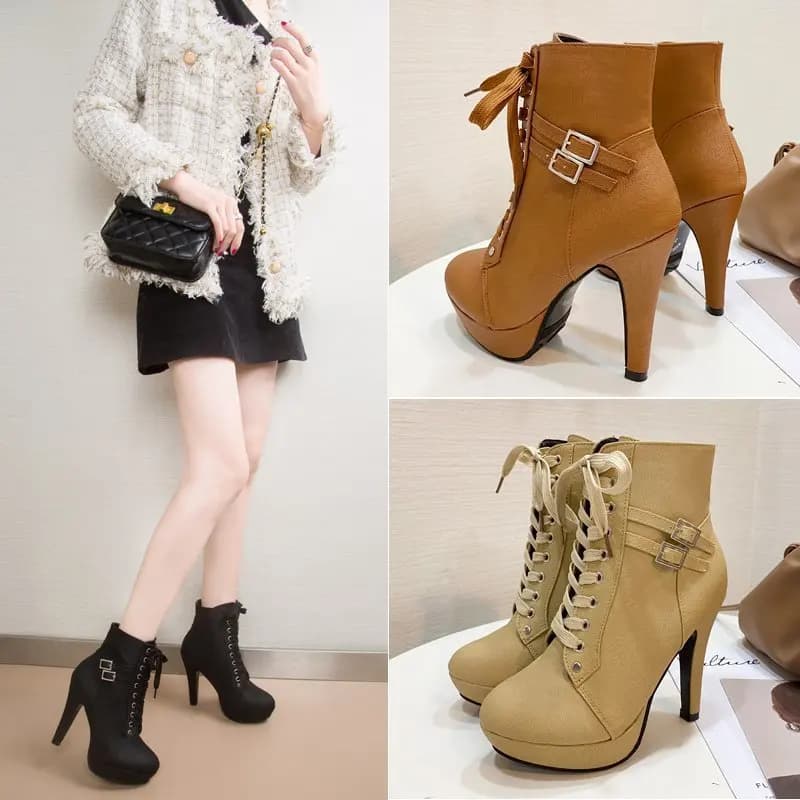 Stivaletti alla Moda con Lacci Incrociati, Scarpe Casual da Donna con Tacco Alto e Fibbia, Nuovo Stile Autunnale