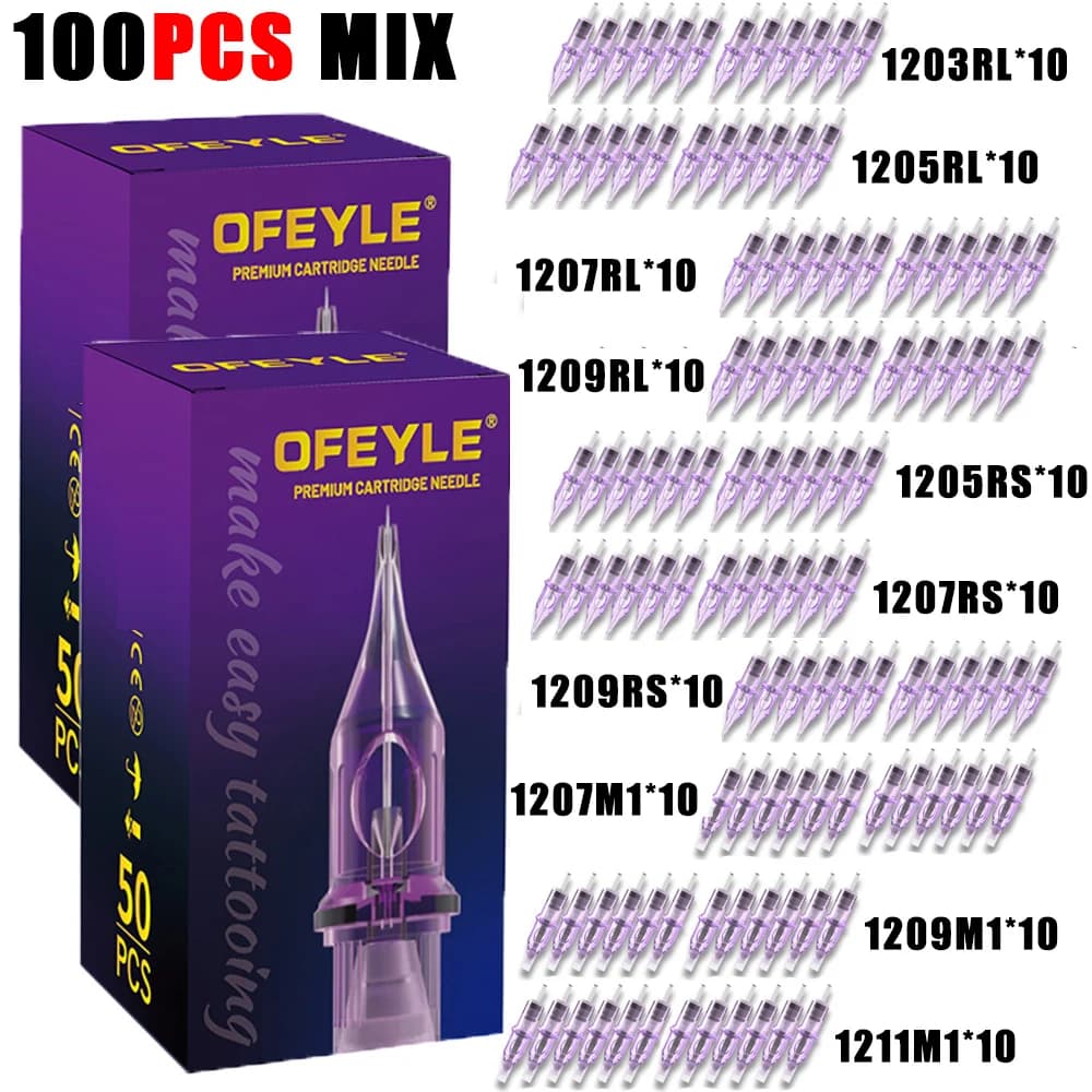 100PCS Cartucce per tatuaggi usa e getta miste Ago RM/RL/M1/RS Dimensioni Aghi per imballaggio sterili viola per macchina per penne per tatuaggi