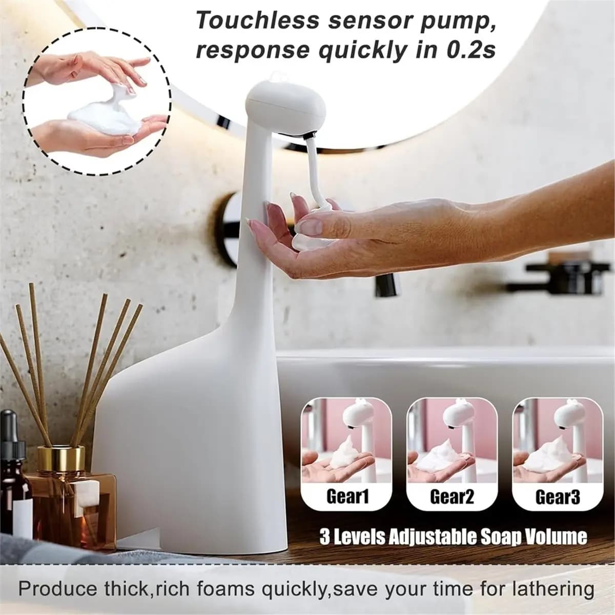 Aug.A476F-Automatic Foaming Soap Dispenser,10oz/300ml Touchless Dispenser,Rechargeable,IPX5 Waterproof for Bathroom Kitchen