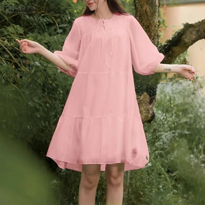 Women's Loose Tiered Dresses Lace-Up V-Neck 3/4 Lantern Sleeve A-Line Knee-Length Dress ZANZEA Summer Daily Casual Robes Femme