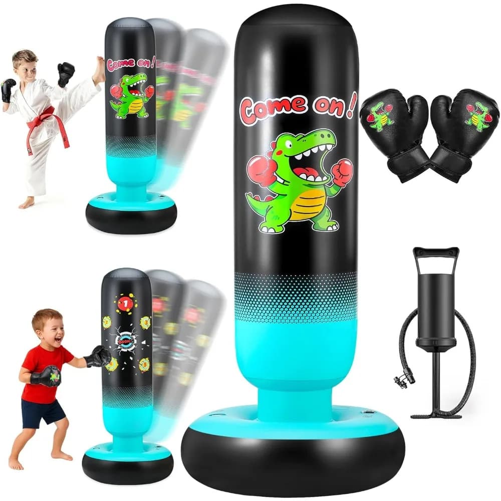 Sacco da Boxe Gonfiabile a Forma di Dinosauro per Bambini, 65 Pollici, con Guantoni da Boxe, Pompa e Target, per Bambini dai 3 ai 12 Anni