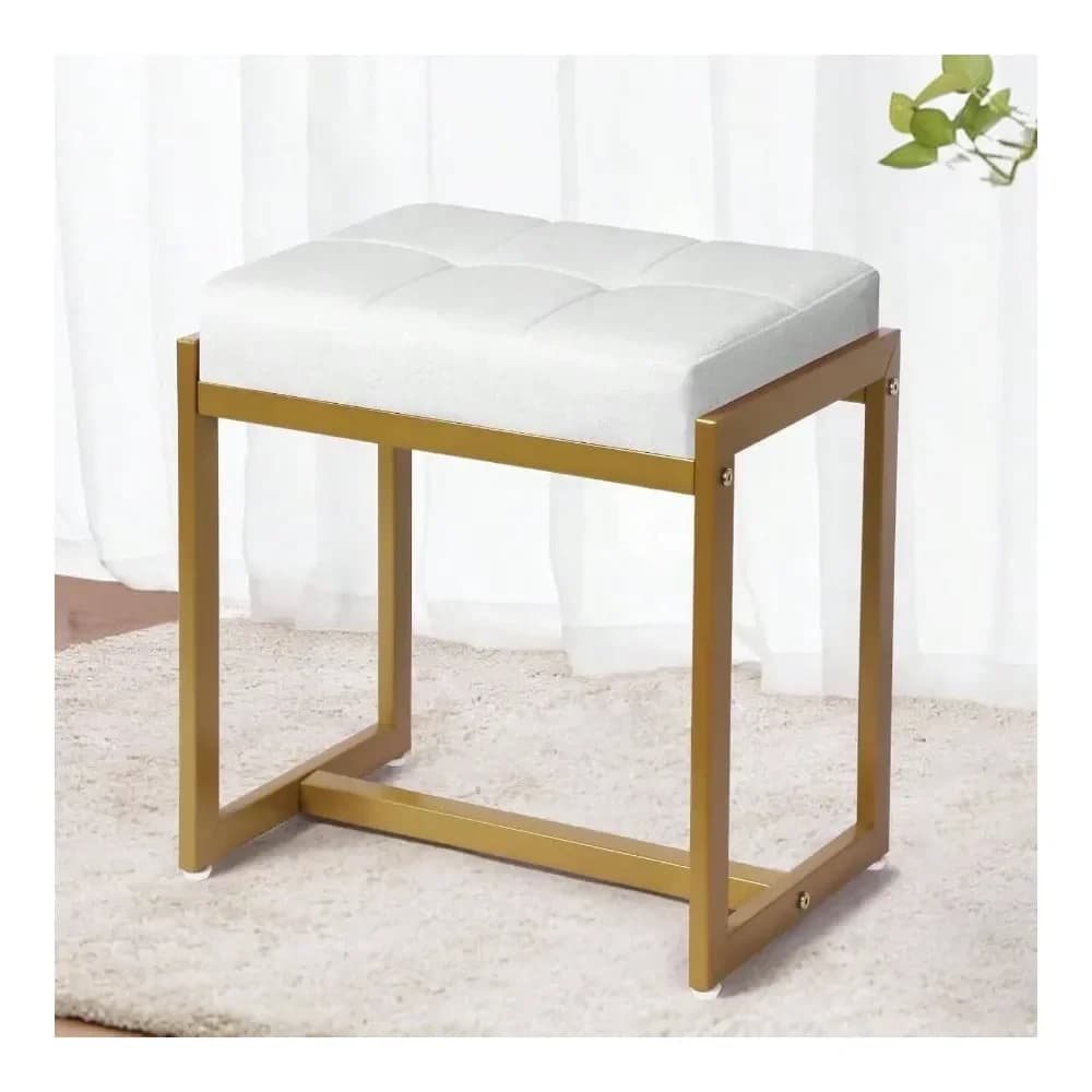 Sgabello, Sedia da Toeletta per Trucco, Piccolo Sgabello in Similpelle, Poggiapiedi Ottomano Moderno in Metallo Dorato per Camera da Letto e Soggiorno, Bianco
