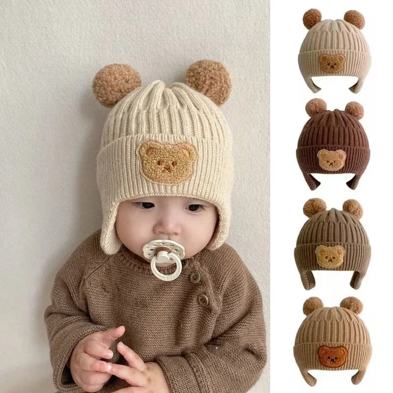 Children's Wool Hat Cute Bear Ear Protection Hat for Kids Winter Thickened Hot Knitted Korean version of Baby Hat