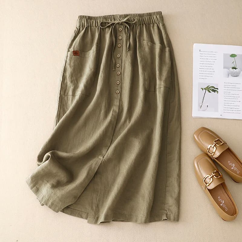 High Waist A-Line Skirt for Women Casual Summer Linen Split Skirts Commute Style mid Length Pure Color 70% Linen 30% Cotton
