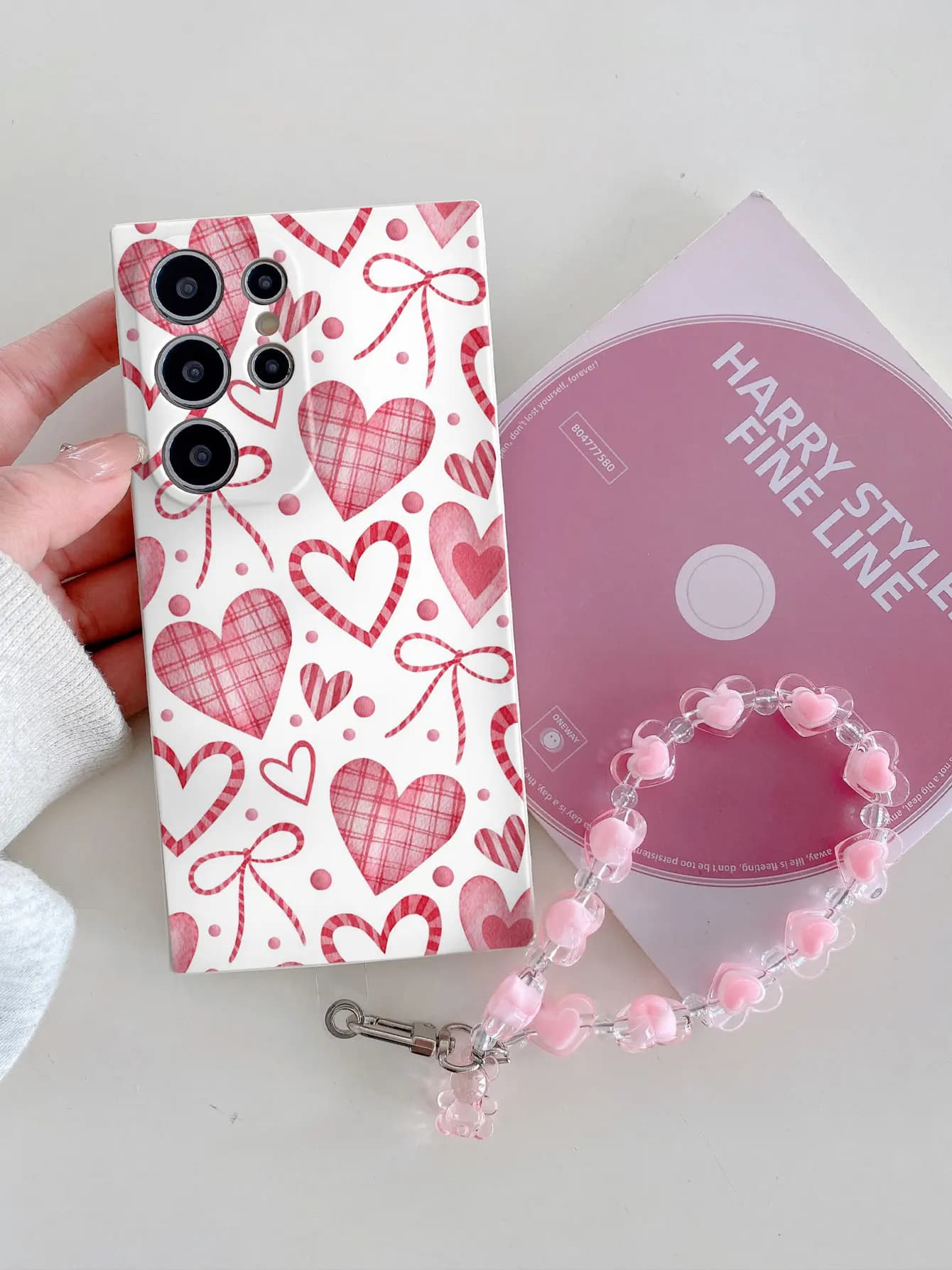 Cover per Telefono in TPU Bianco Trasparente con Orsetto Rosa e Braccialetto per Samsung Galaxy A03 04 05 11 12 13 14 15 20 22 23 24 S SE