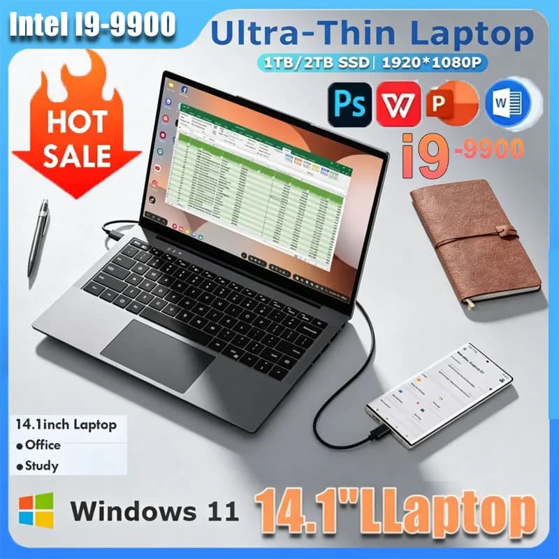 Nuovo Laptop Ultra Sottile da 14.1 Pollici 2026 con Intel I9-9900, Win11, 16GB/32GB RAM DDR4, SSD da 2TB - Notebook Portatile per Ufficio e Business