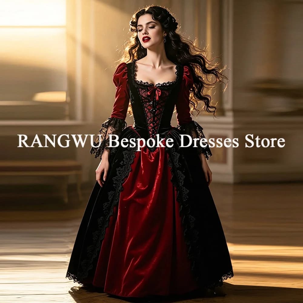 Abito da Sposa Gotico Nero e Rosso Rinascimentale con Maniche Lunghe in Pizzo, Vestito da Sposa Medievale per Halloween, Abito da Sposa Vampiro Personalizzato