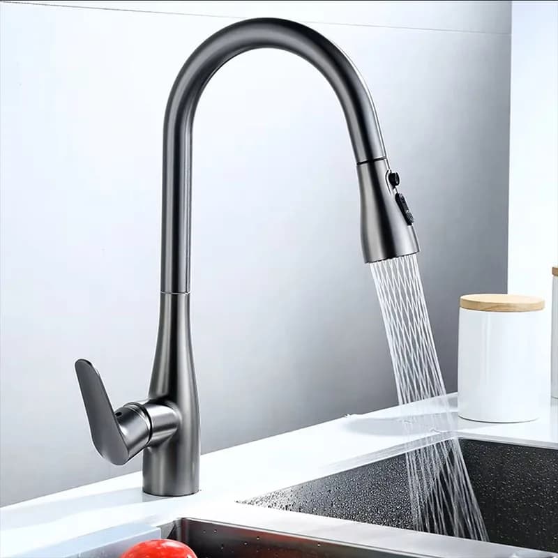Rubinetto per lavello da cucina estraibile in argento Ottone addensato Ugello spruzzatore a tre modelli Rubinetto miscelatore acqua calda fredda in acciaio inossidabile
