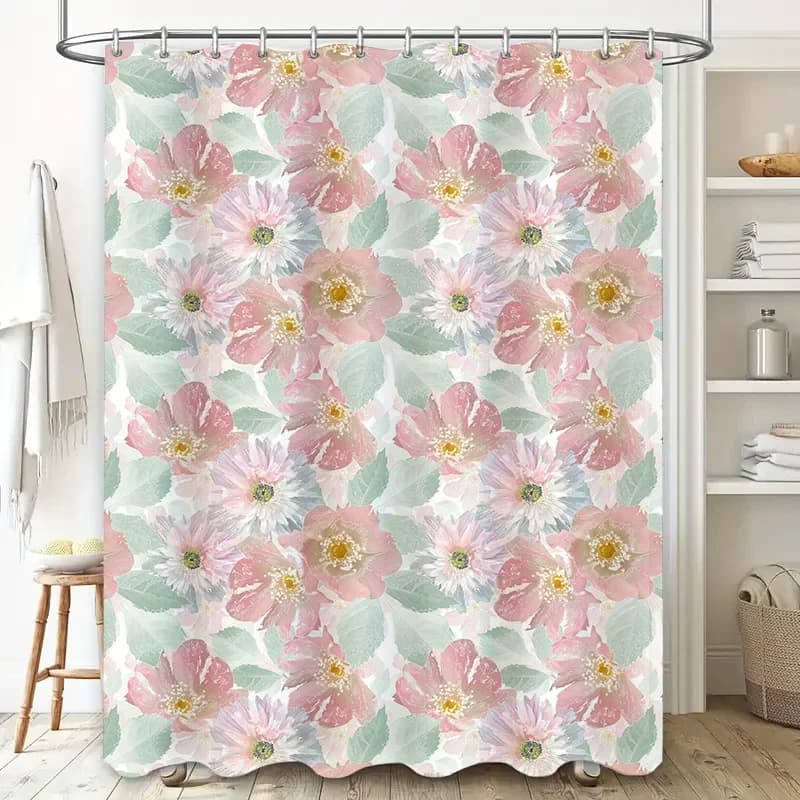 Delicata tenda da doccia con fiori rosa: set di rivestimenti decorativi per bagno in poliestere stampato in stile moderno con gancio (vasca da bagno bianca)