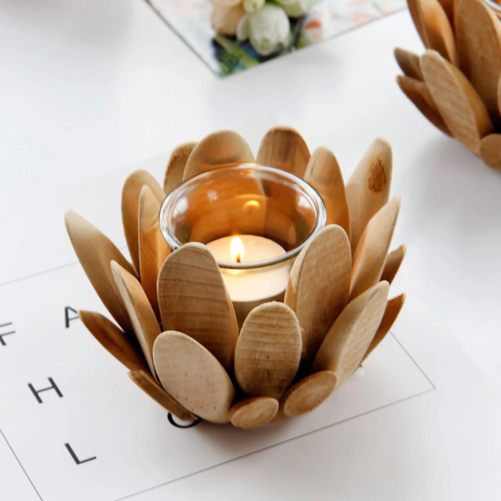 Portacandele in Legno a Forma di Petalo Unico, Fatto a Mano, Decorazione Liscia da Tavolo per Casa, Stanza, Compleanni, Matrimoni