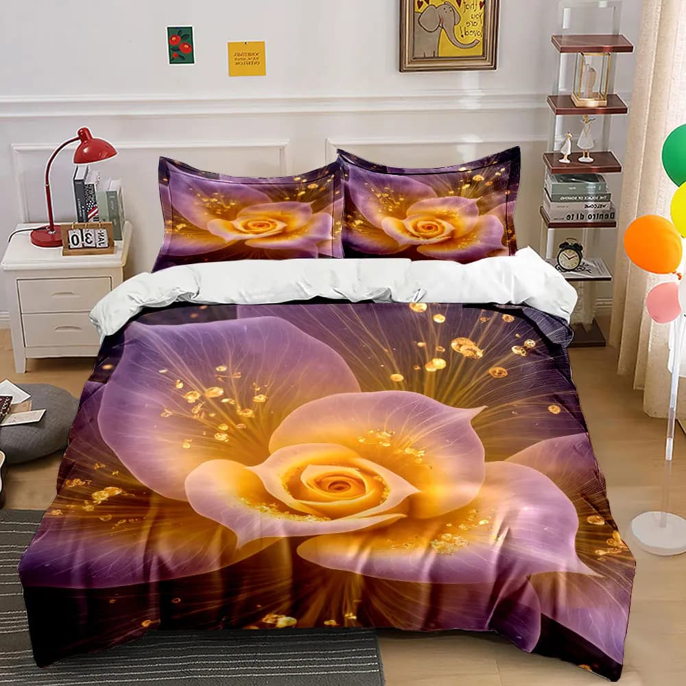 Set copripiumino con motivo floreale dai riflessi dorati radiosi, stampa digitale, biancheria da letto colorata in poliestere con chiusura a cerniera