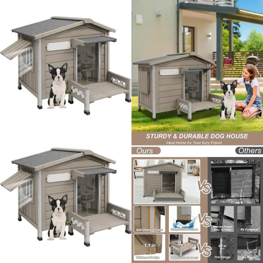 Cuccia per cani da esterno grande 34 con veranda, pavimento rimovibile, piedini rialzati e protezione anti-masticazione - Cuccia in legno resistente alle intemperie