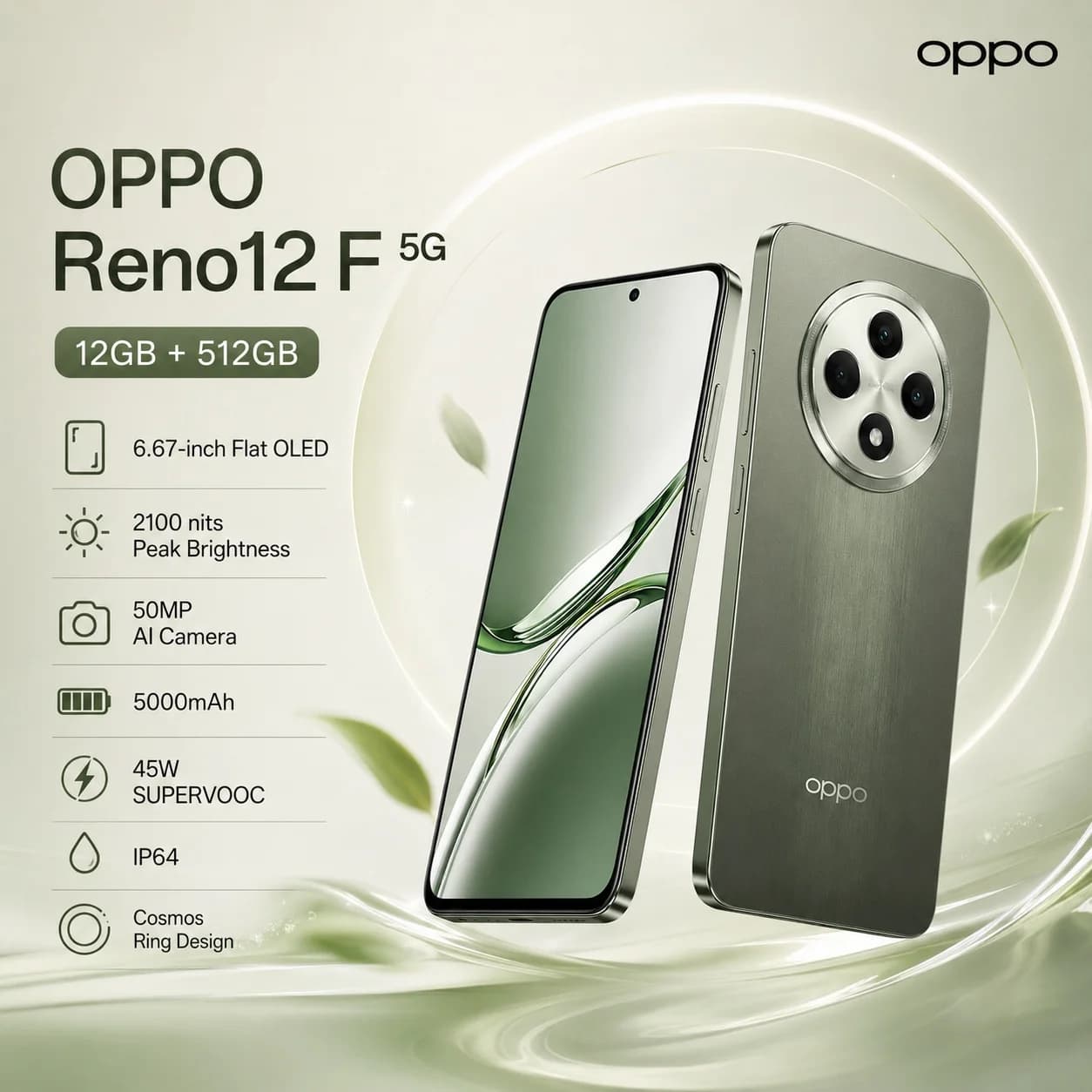 2026 new OPPO Reno12 F 5G Mobile Phone 12GB+512GB, 120Hz OLED, 50MP Triple Camera, 32MP Selfie, Dimensity 6300, 5000mAh, NFC