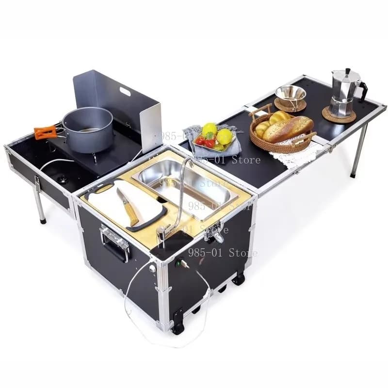 Set Cucina Portatile Completo con Tavolo Pieghevole e Fornello per Campeggio, Picnic e Viaggi in Auto
