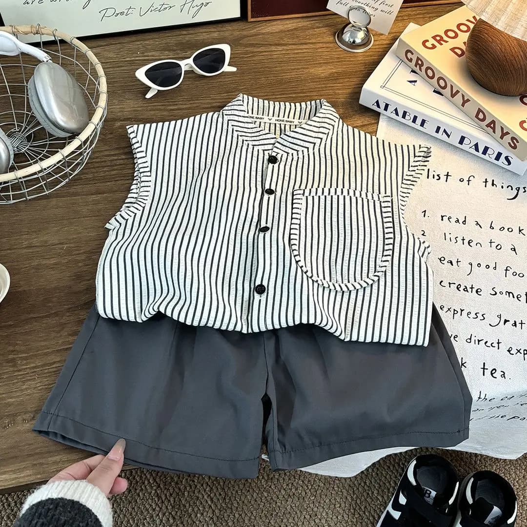 Estate Bambini Costume Casual Adolescenti Ragazzi Abiti Bambini T-shirt senza maniche a righe + Pantaloncini a righe 2 pezzi Gilet Top Pantaloni Tute