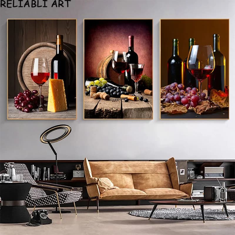 Nordic Style Barrel Grape Wine Glass Poster and Prints Canvas Painting Wall Art Pictures for Living Room Home Decor No Frame
