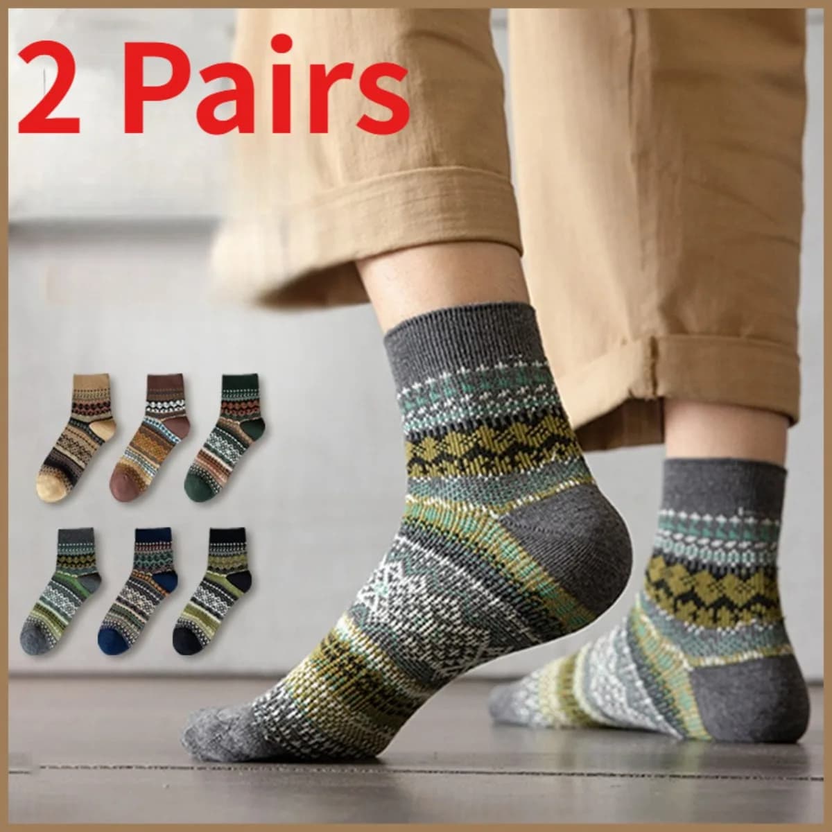 1/2Pairs Men Mid Calf Cotton Socks Double Needle Double Track Ethnic Style Thick Warm Autumn Winter Fashion Versatile Male Socks