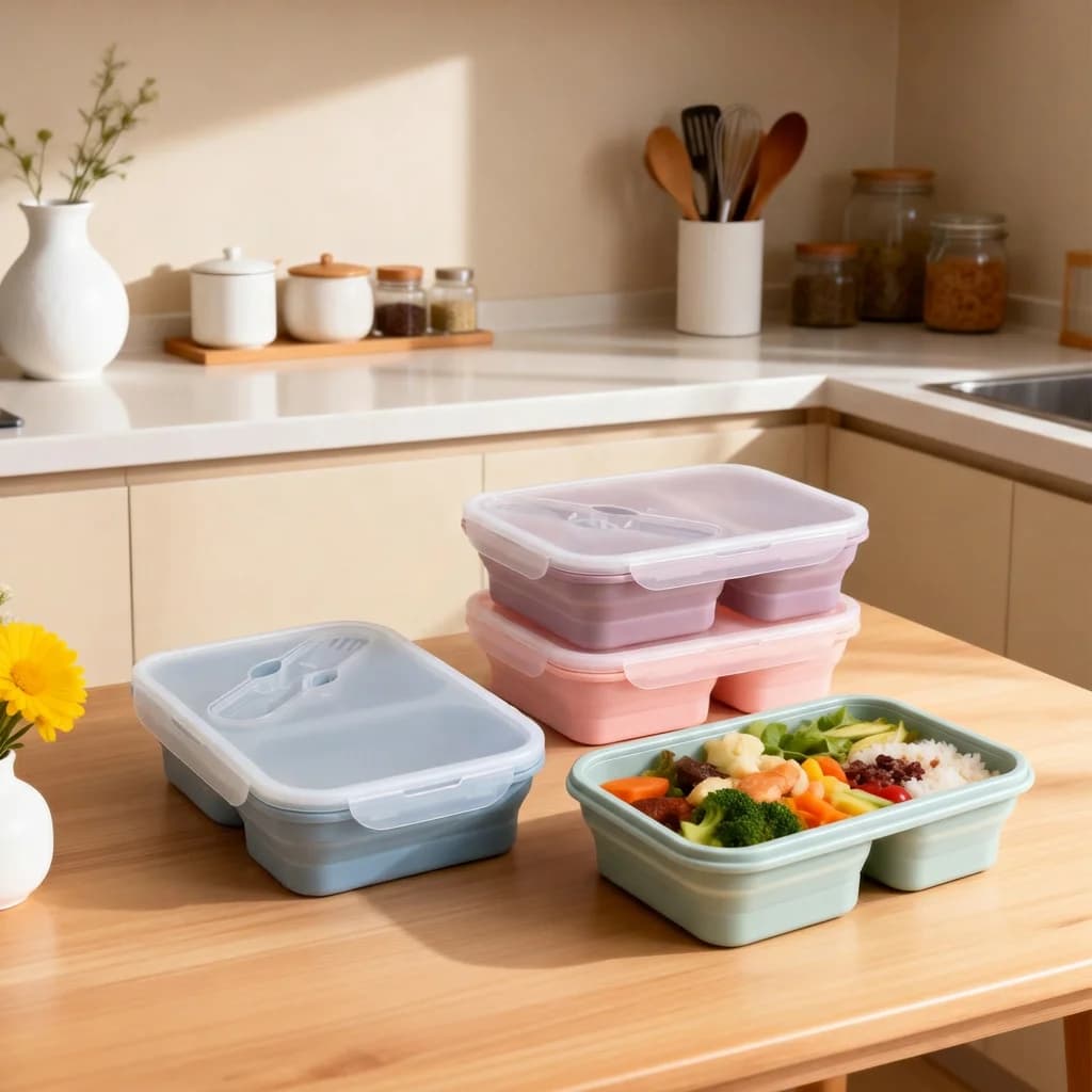 Contenitore per Alimenti in Silicone Pieghevole, Ermetico, Portatile, Adatto a Microonde e Lavastoviglie, Scatola per Preparazione Pasti