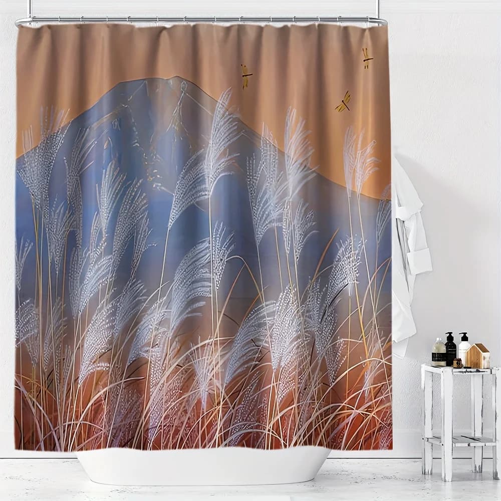 Tenda da doccia in poliestere, paesaggio di montagna con erba di pampa e tramonto, stampa digitale, arredamento per il bagno per tutte le stagioni