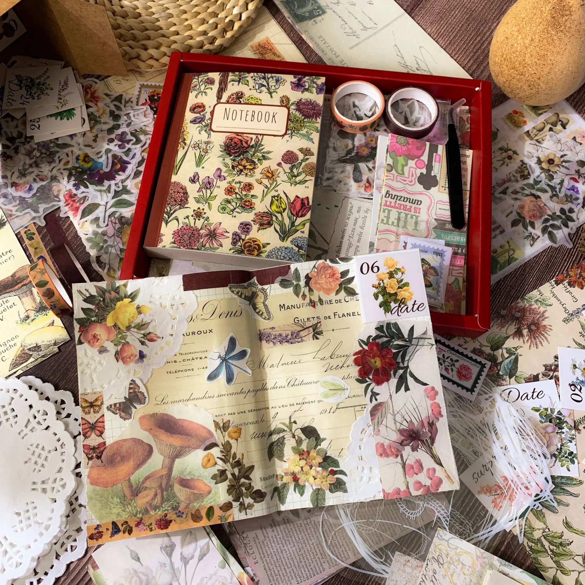 265 Pieces of Vintage Scrapbook Material Set Scrapbooking Paper Kit DIY Flowers Plants A6 Notebook Sticker Tape for Kids Teen