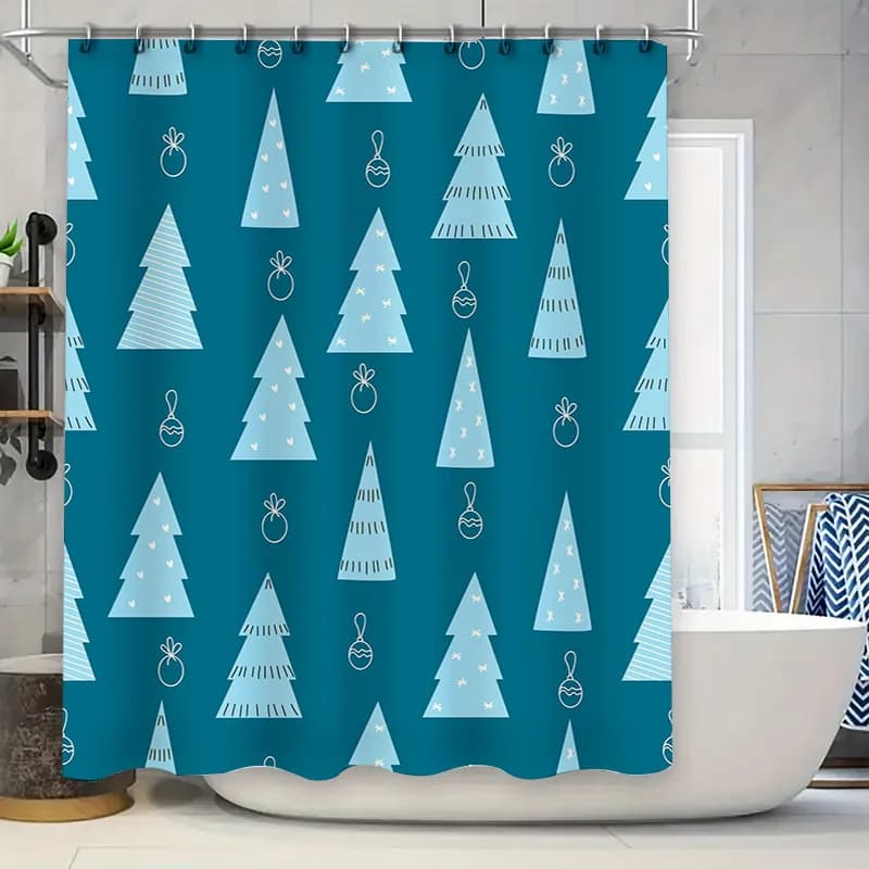 Tenda da doccia per albero di Natale, decorativa in tessuto blu, impermeabile, per appendere alla parete del bagno, decorazione per la casa, modello di alberi di Natale