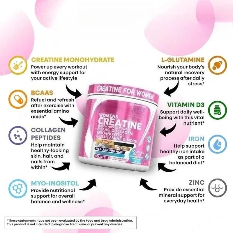 Creatina in Polvere per Donne, Creatina Monoidrato con BCAA, Integratore Alimentare per Salute e Nutrizione Quotidiana