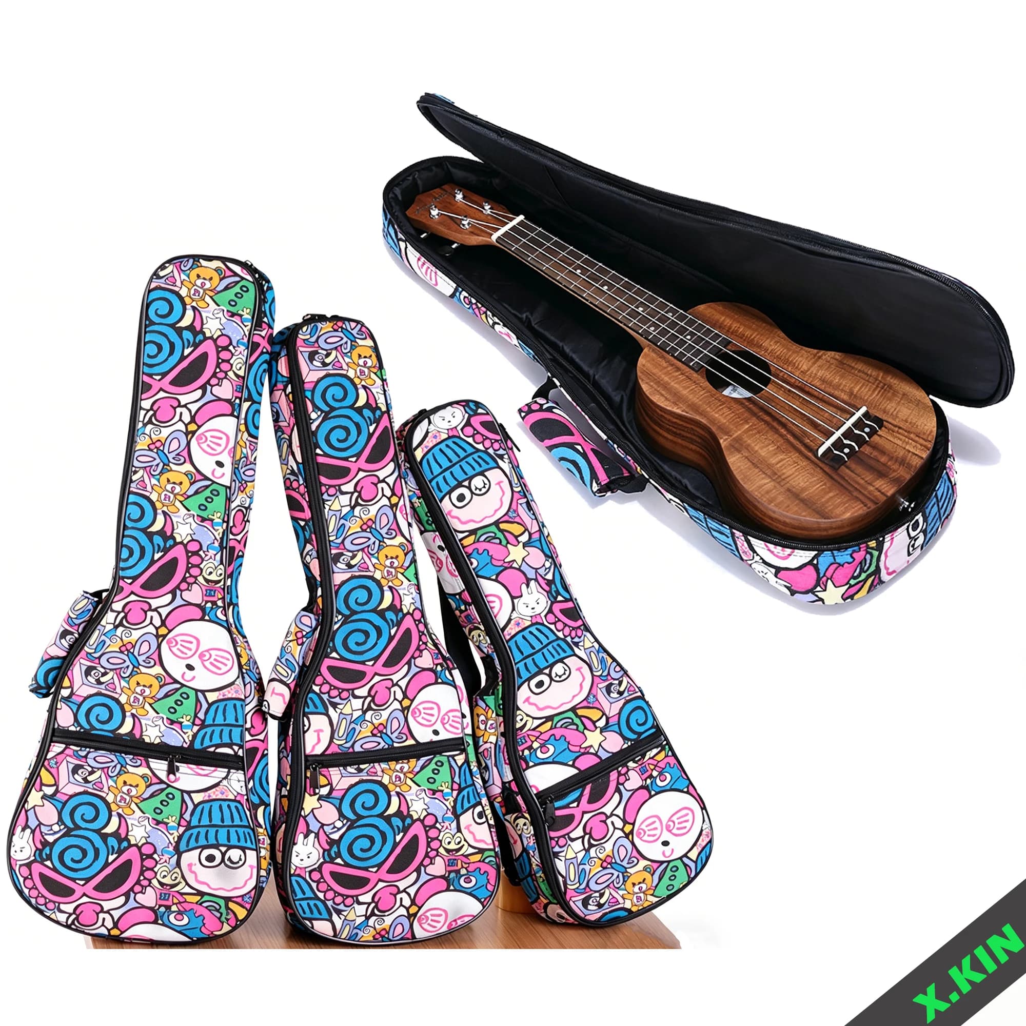 Cute Padded Ukulele Backpack 21-26 Inch, Thick Gig Bag for Soprano Concert Tenor, Colorful Kids Beginner Ukulele Case