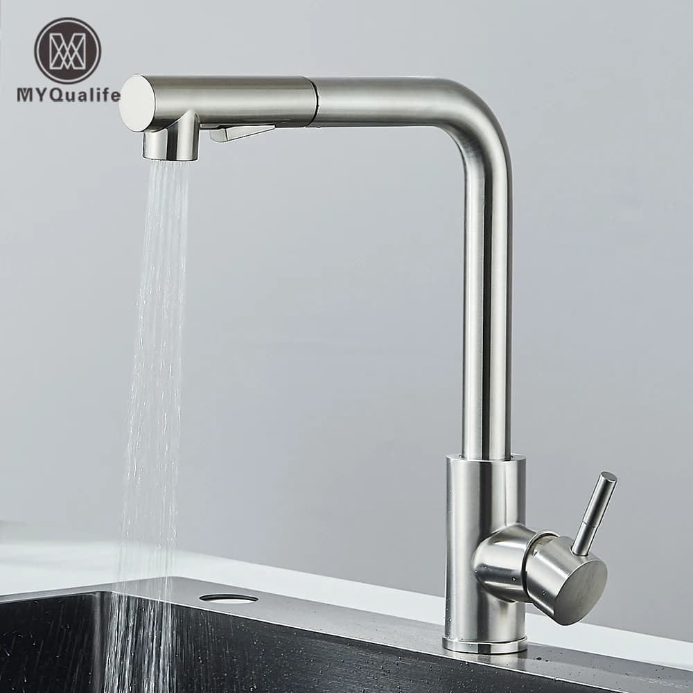 Rubinetto per lavello da cucina estraibile Rubinetto ad alta pressione a due modelli Ugello spruzzatore a flusso Rubinetto in acciaio inossidabile Installazione del ponte Acqua calda e fredda