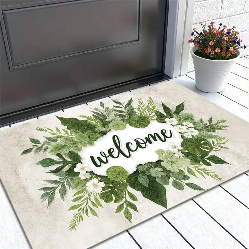 Welcome Spring Leaves Area Rug, Green Floral Botanical Outdoor Courtyard Non Slip Doormat, Washable Front Porch Entrance Carpet