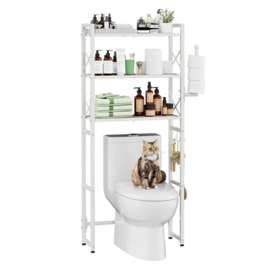 Scaffale portaoggetti da posizionare sopra il WC con porta carta igienica, scaffale organizer da bagno in metallo resistente con ganci, bianco