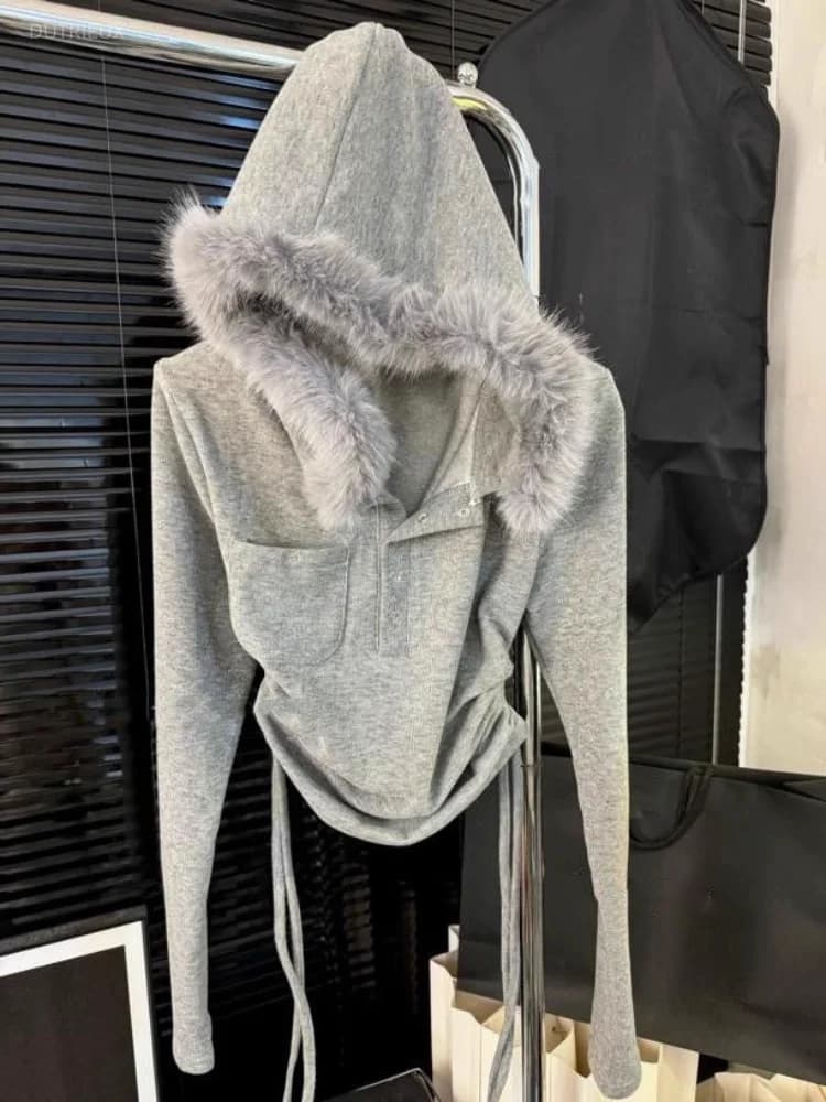 Hooded Fur Collar Women's Hoodies Long Sleeve Sweatshirts Drawstring Ropa Mujer Y2K Roupas Feminina Autumn New Blusa Clothes