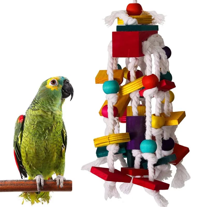 Parrot Chewing Toy for Medium Large Birds Colorful Wooden Cage Accessories Natural Safe Bite Block for Grey Macaw Cockatoo