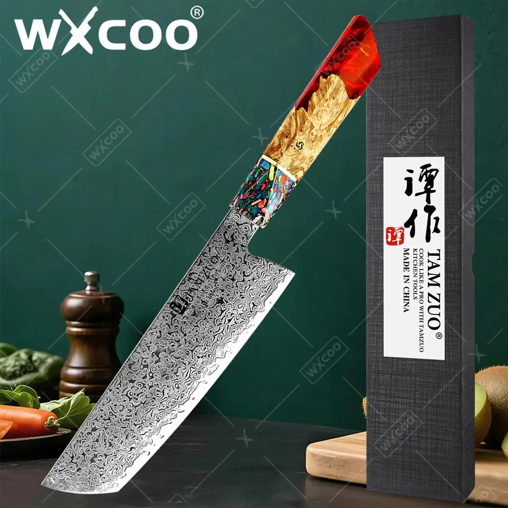 Knife Nakiri TAMZUO from 7,1 Inches with Gift Pack, Japanese Kitchen Knife with Wood Handle, 67 Damask Steel Sheets, Kitchen Tools