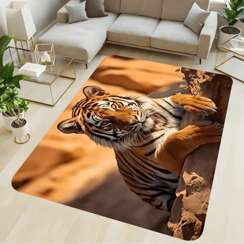 Tiger Flannel Rug Realistic Animal Print Floor Mat Soft Non-slip Area Carpet for Living Room Bedroom Home Decor