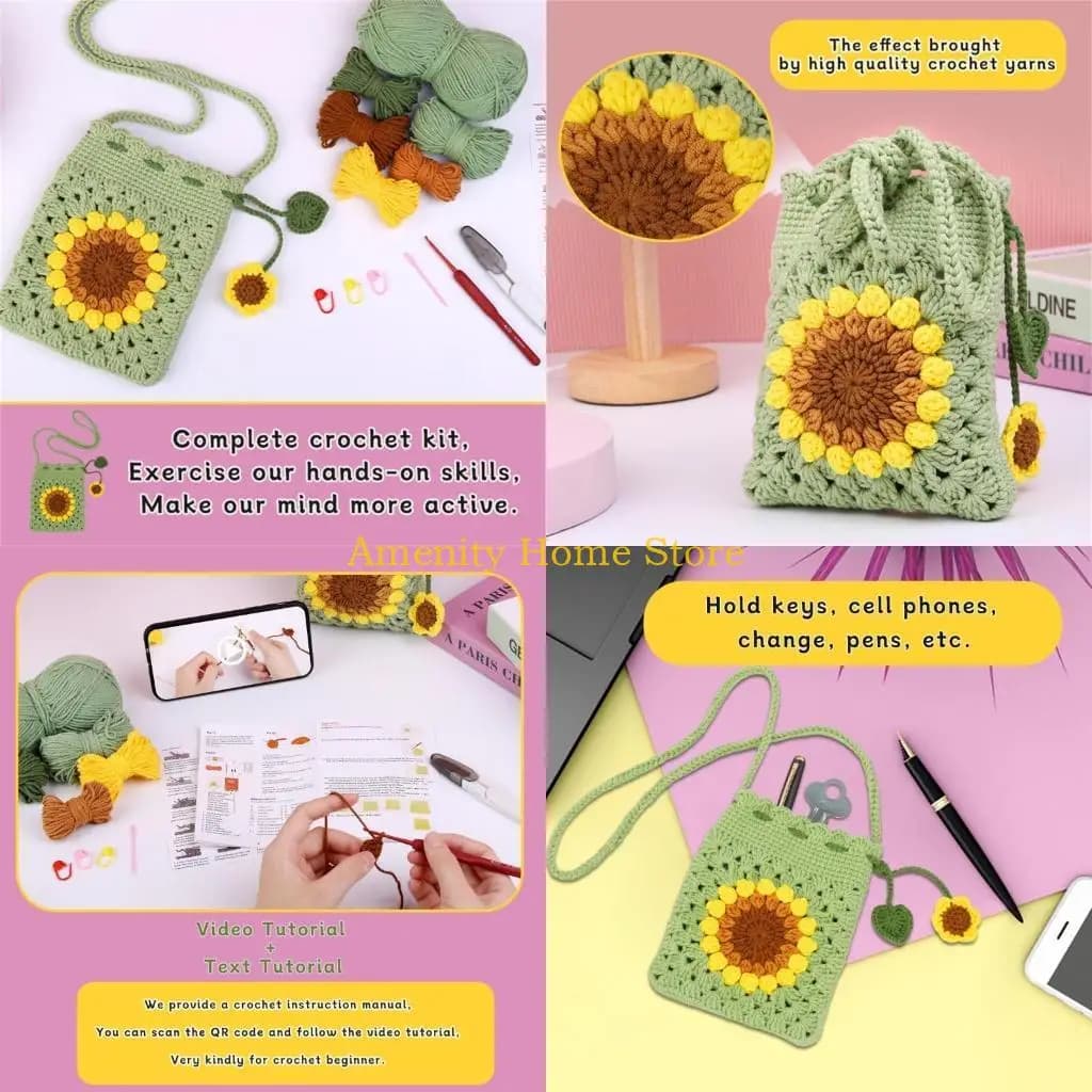 F26C Sunflowers Borsa all'uncinetto con video tutorial in inglese per principianti all'uncinetto