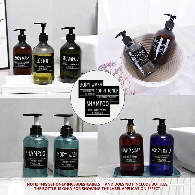 Adesivi per etichette per lozioni impermeabili bianco nero PVC Shampoo balsamo bagnoschiuma bagno doccia Dispenser di sapone etichette 6/12 pezzi