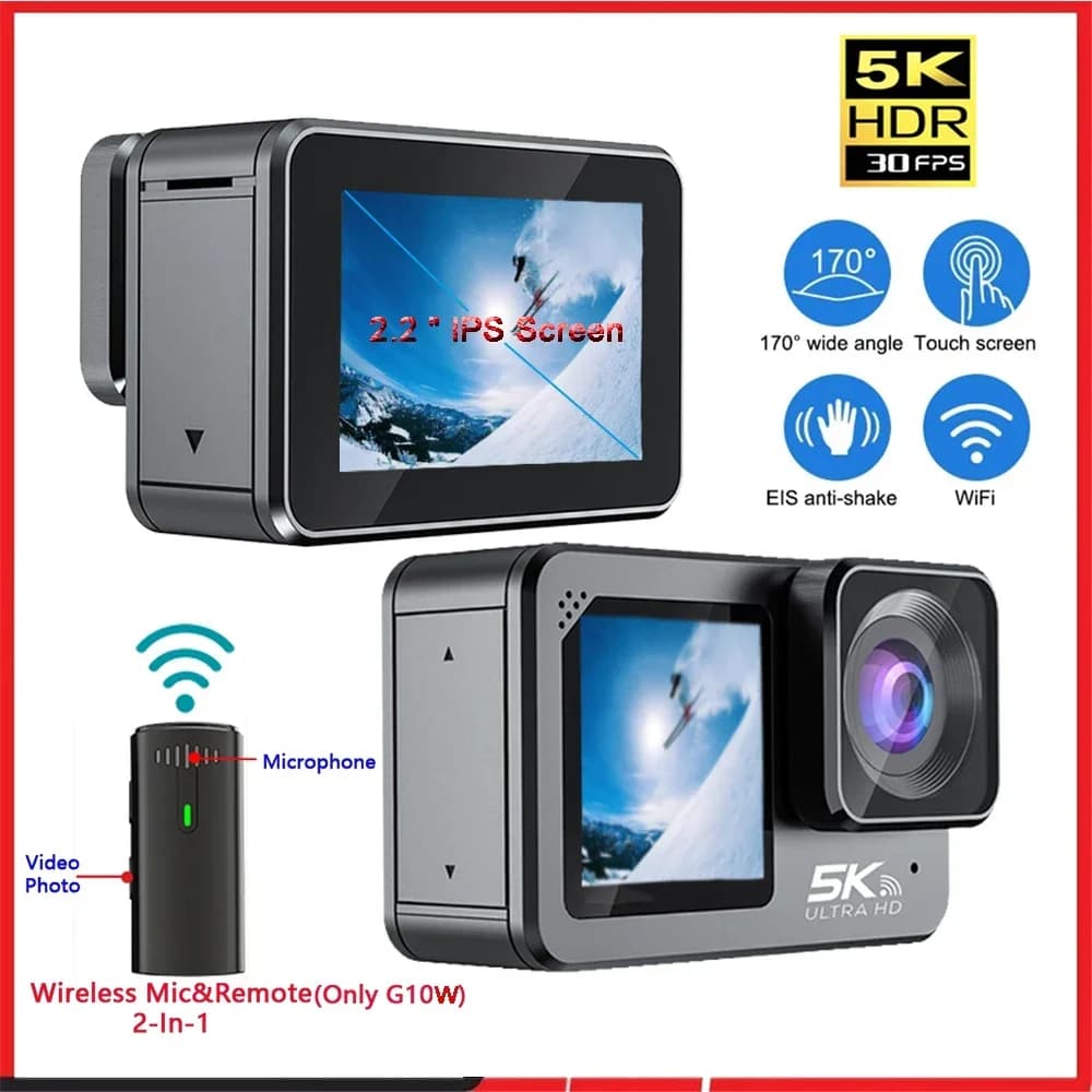 F6W Microfono Wireless Action Camera 5K 4K60FPS 48MP 2.2 "Touch LCD EIS Doppio Schermo Wi-iFi 170D Impermeabile 30M 8X Zoom Pre Registra Cam