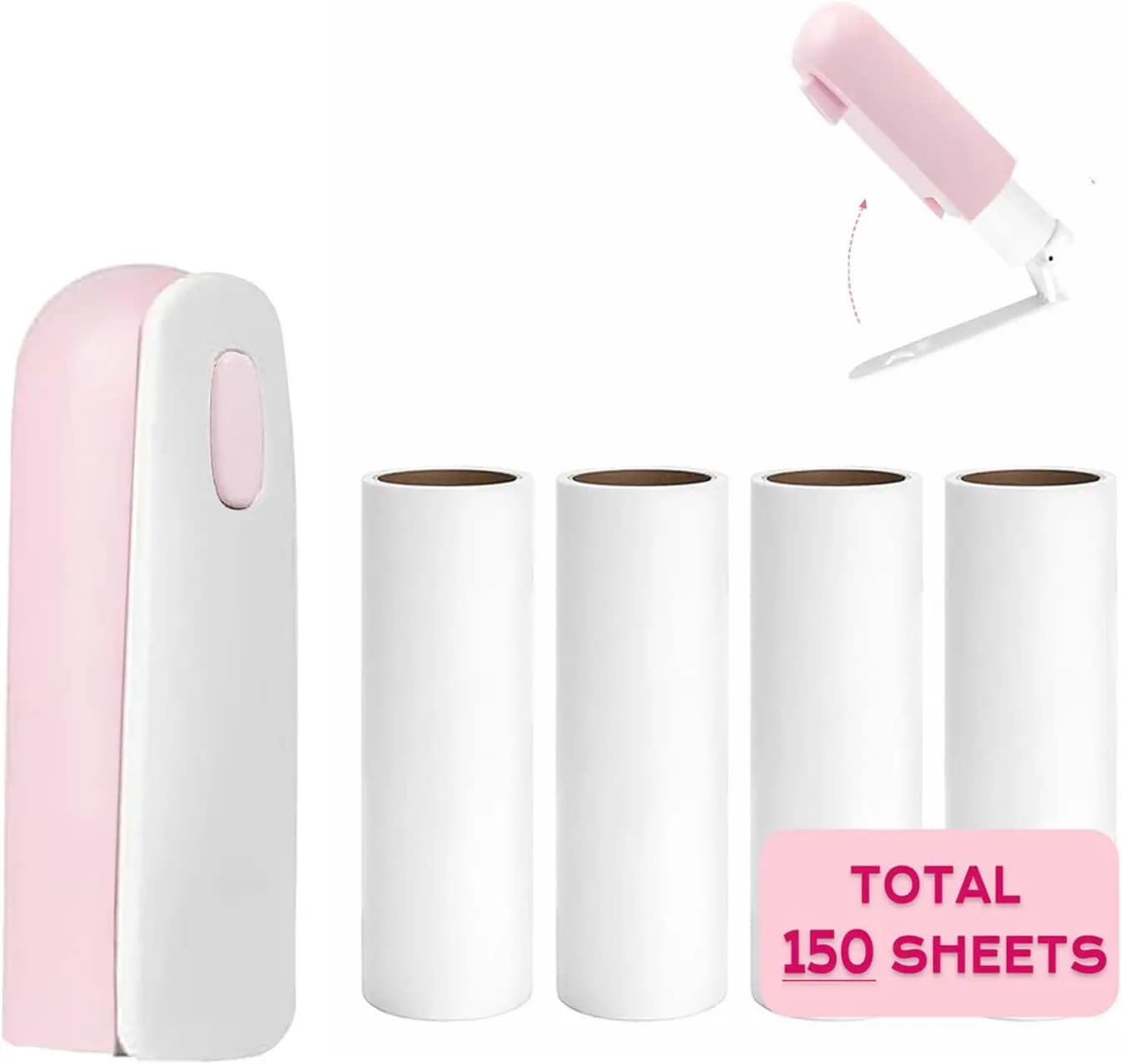 Mini Rullo Levapelucchi da Viaggio con 150 Fogli Adesivi, Rimuovi Peli di Animali Domestici Compatto per Vestiti, Pieghevole per Borsa (Rosa)