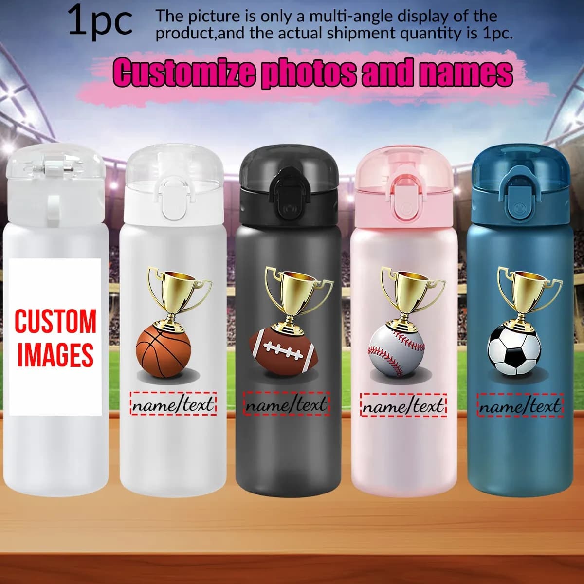 1 tazza sportiva personalizzata con foto e nome, 780 ml/26 oz, per calcio, viaggi all'aperto, con corda, borraccia in plastica a prova di perdite.
