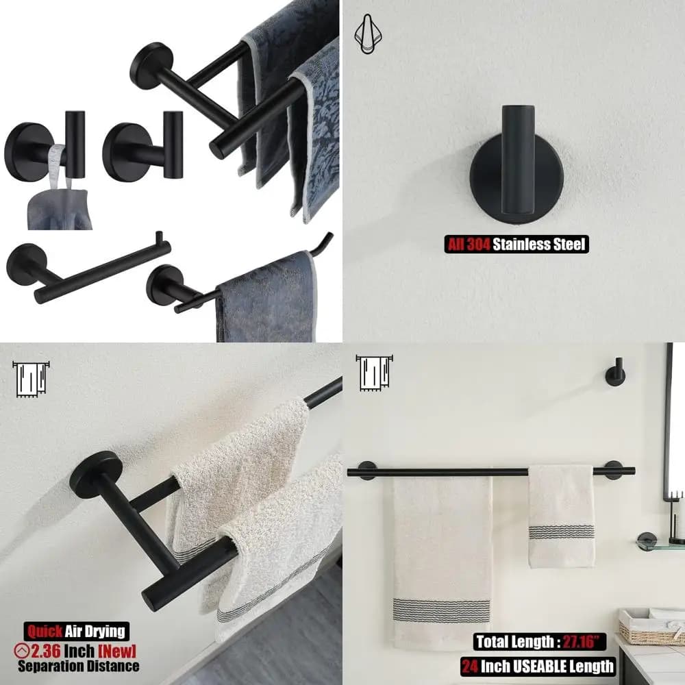 JQK Set di accessori per il bagno, set di accessori per il bagno da 5 pezzi Supporto da parete nero opaco include portasciugamani da 24 pollici, barra HT da 9 pollici, supporto per TP,