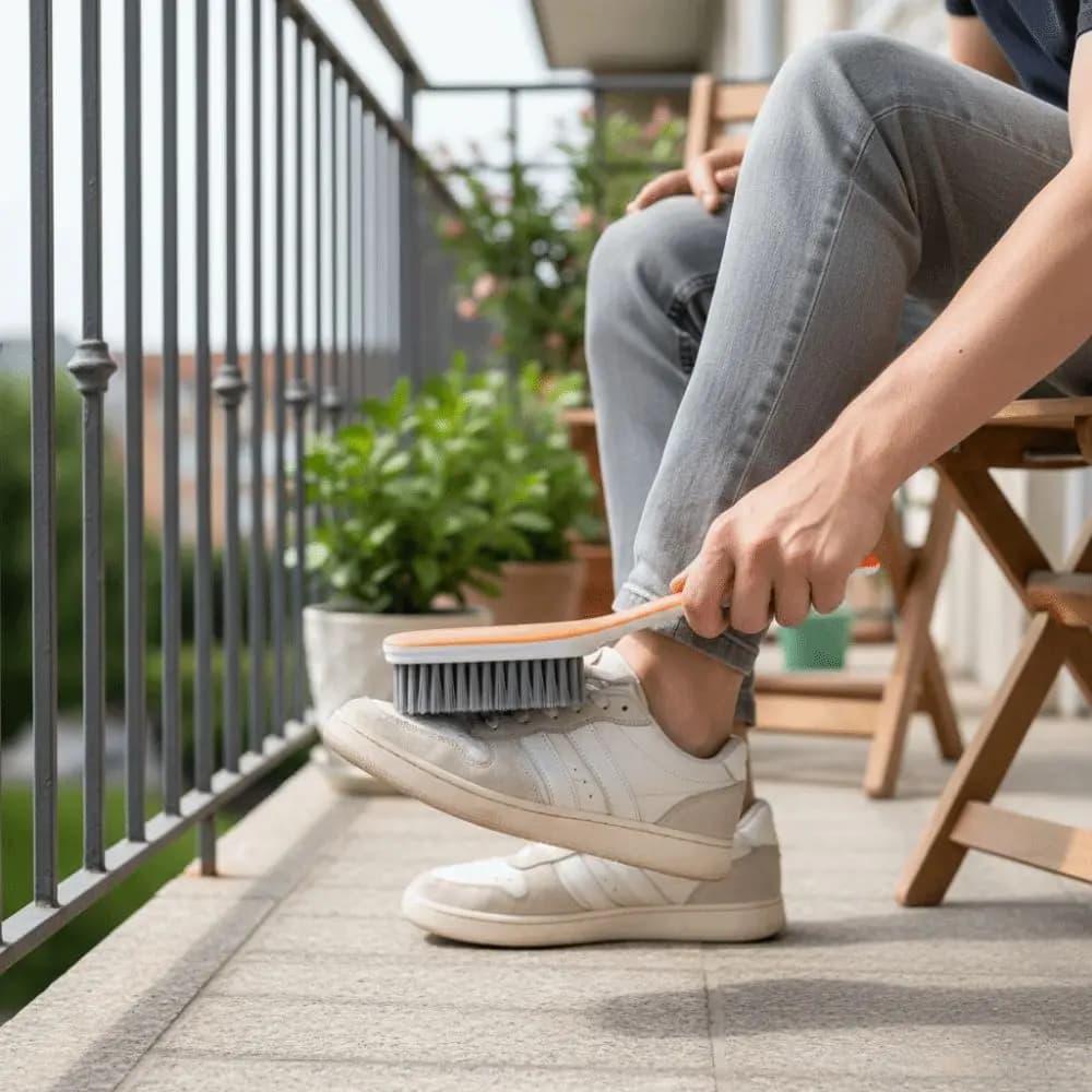 Scrubber portatile per macchie di bucato Manico lungo Spazzola per scarpe con setole dense Set di spazzole per pulizia con setole morbide Cura dei vestiti