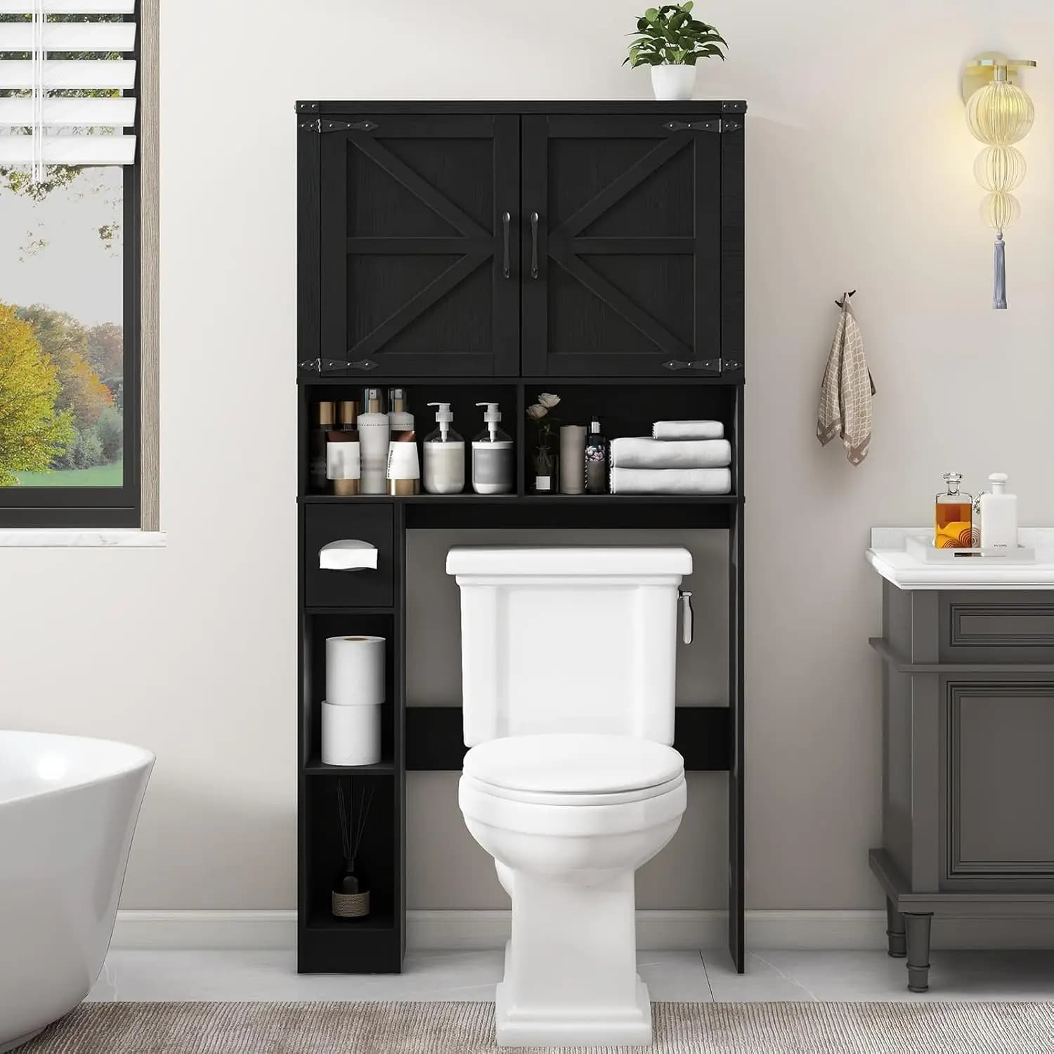 Mobiletto portaoggetti da posizionare sopra il WC, mobiletto portaoggetti in stile rustico con 2 ante scorrevoli e porta carta igienica, per l'organizzazione domestica