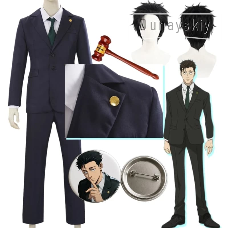 Costume Cosplay JJK Higuruma Hiromi: Uniforme da Avvocato, Camicia Bianca e Cravatta Verde, Inclusa Parrucca, Distintivo da 58mm e Accessori Martello