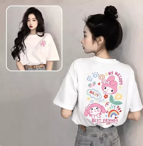 T-shirt Casual Larga Estiva 2026 in Cotone 100% con Stampa Sanrio Hello Kitty, Top Vintage Harajuku Genitore-Figlio, Collaborazione 52TOYS