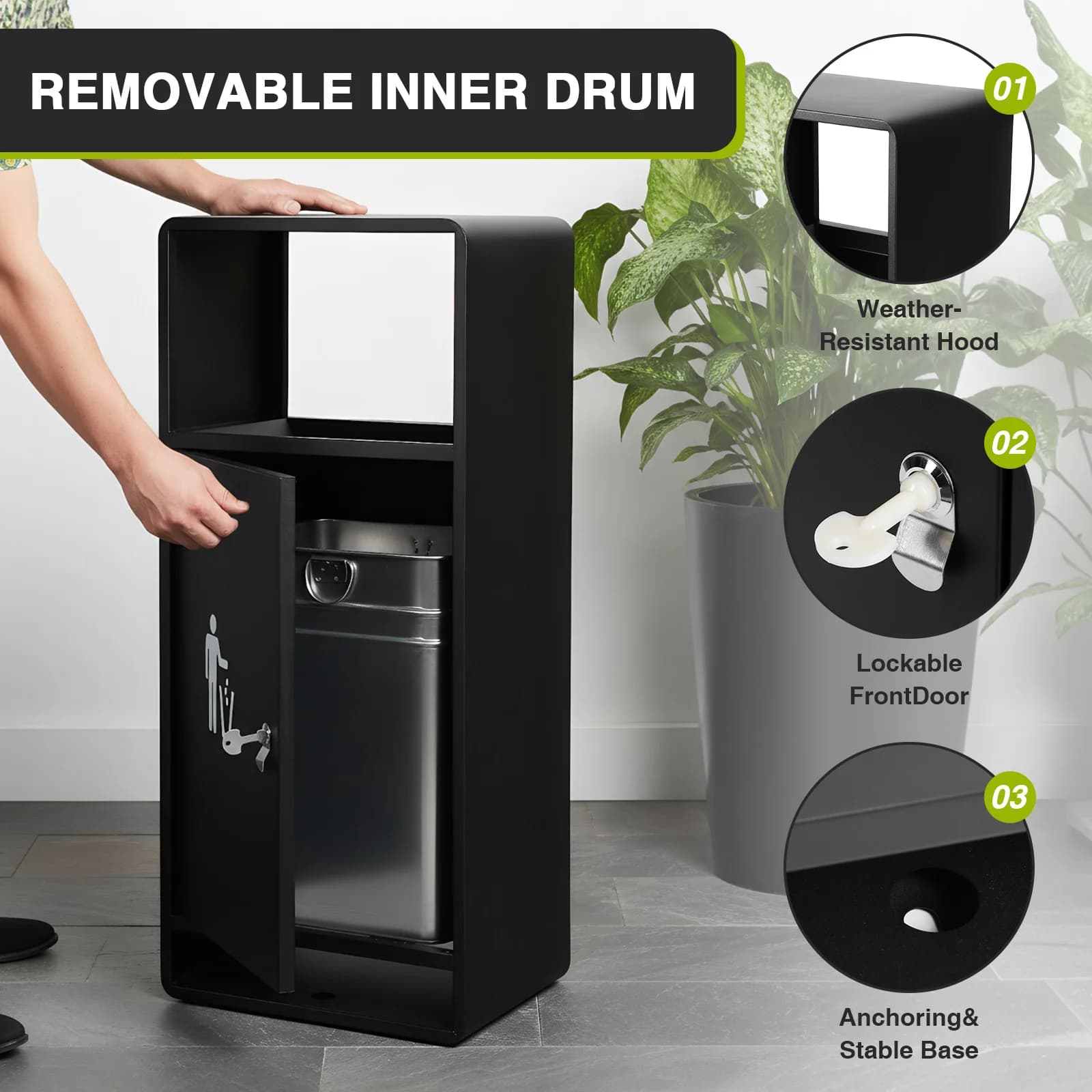Commercial Outdoor Trash Can Modern Looking Black Recycle Bin with Removable Bin with Ashtray for Office Hotel Lobby Patio