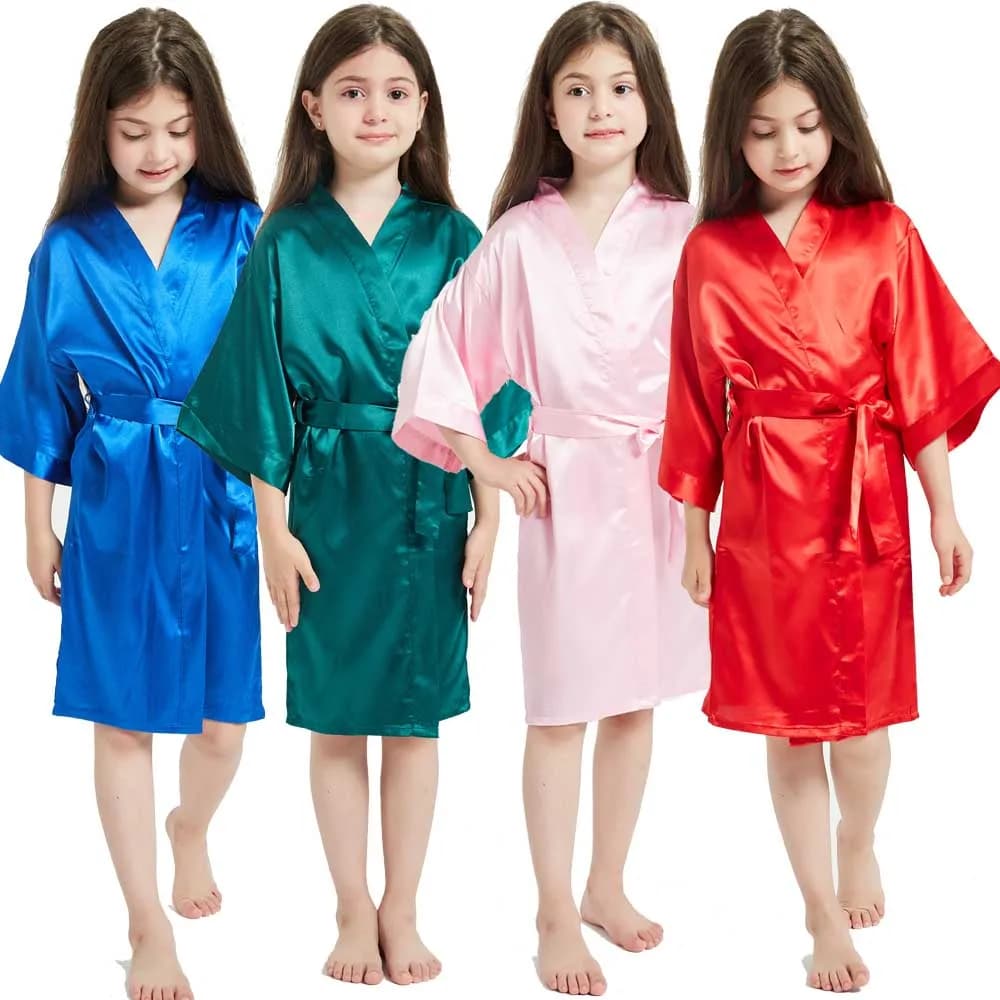 80-160cm Girls Satin Silk Dresses Tape Kimono Wedding Birthday Party Spa Dressing Dresses Wedding Dresses Pijameria Children Towel Robe