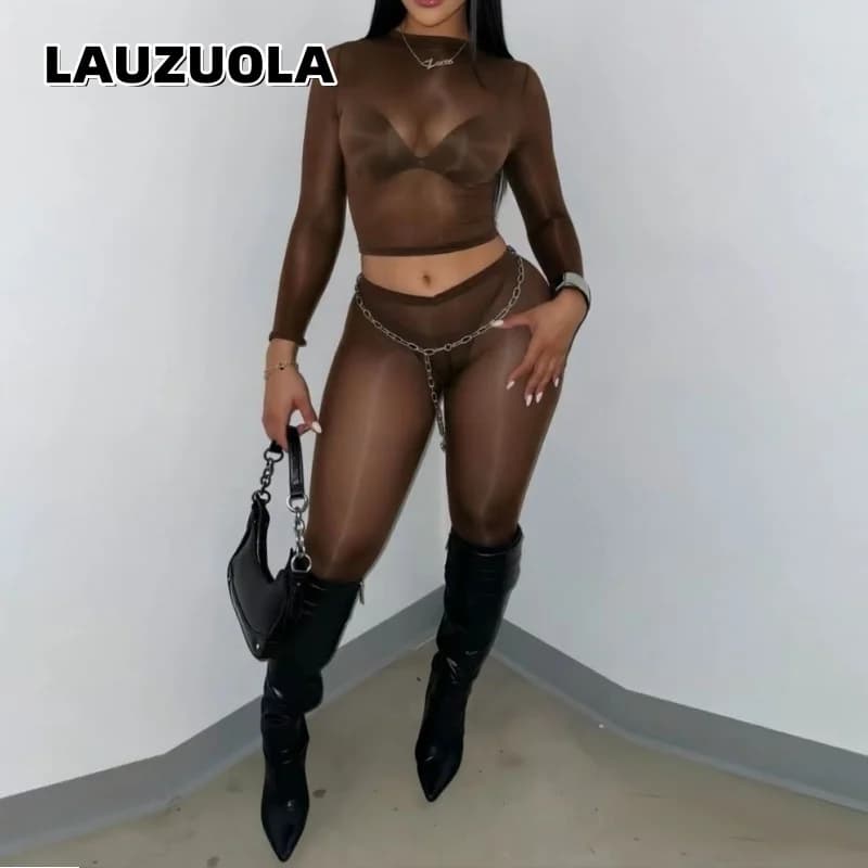 Women's 2Pcs Sheer Mesh Long Sleeve Crop Top + Glossy High Waist Tights See-Through Footed Leggings Set