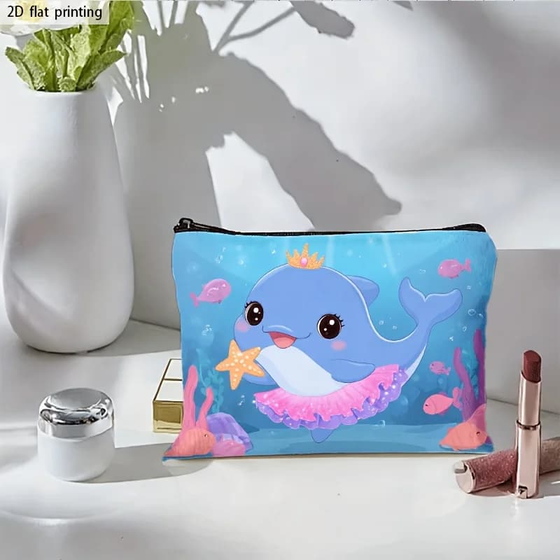 Borsa per il trucco con stampa di balene blu e motivo corallo e stelle marine - Borsa multifunzionale con cerniera per donna, perfetta borsa da viaggio con cerniera, divertente regalo di compleanno