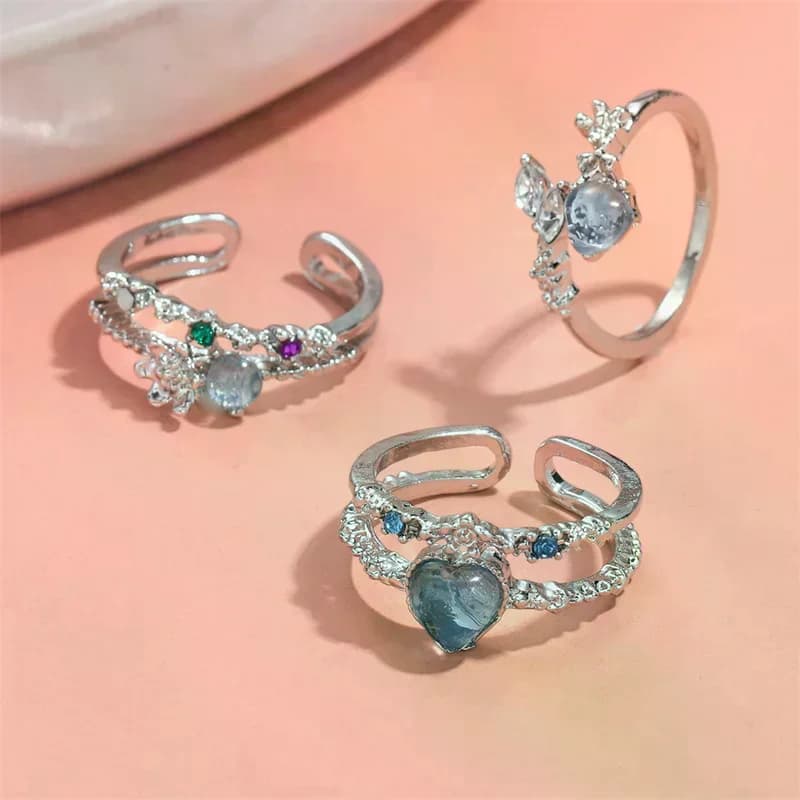 3 pz/set moda blu opale cuore anelli per le donne fiore aperto strass anelli di barretta festa di nozze gioielli alla moda per ragazze